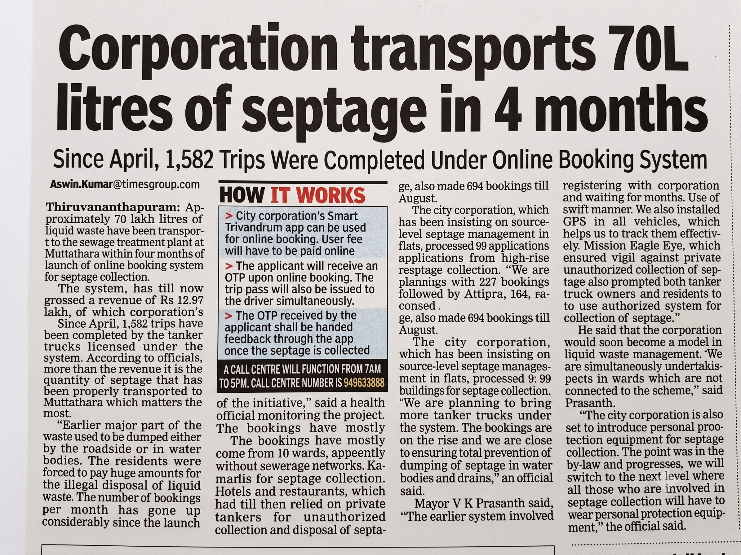 Corporation transports 70L litres of septage in 4 months
